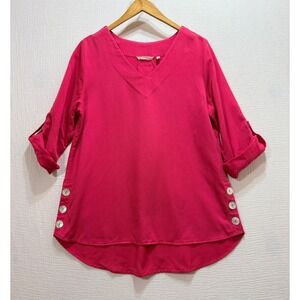 Soft Surroundings V Neck Roll Tab Sleeve Tunic Top Women's Size M Fuchsia Office